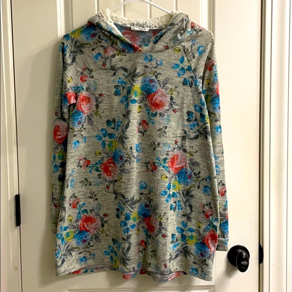 Feminine floral hoodie with lace hood.